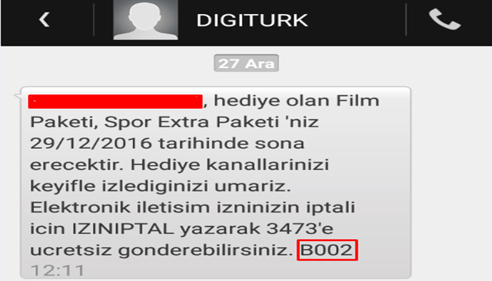 b002 b003 b001 sms sonundaki kod nedir